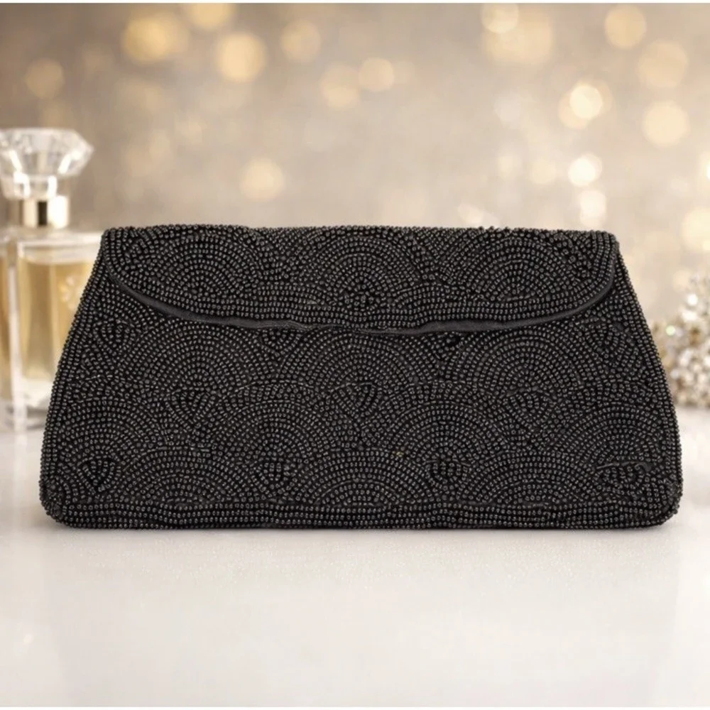 Hato Hasi Black Beaded Vintage Japan Satin Lined Clutch Evening Formal Purse EUC